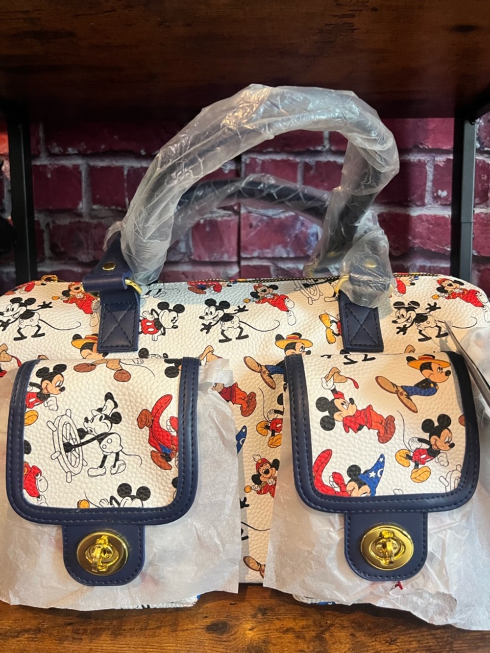 Disney Cream Satchel with Navy Trim and Multicolor Mickey Print